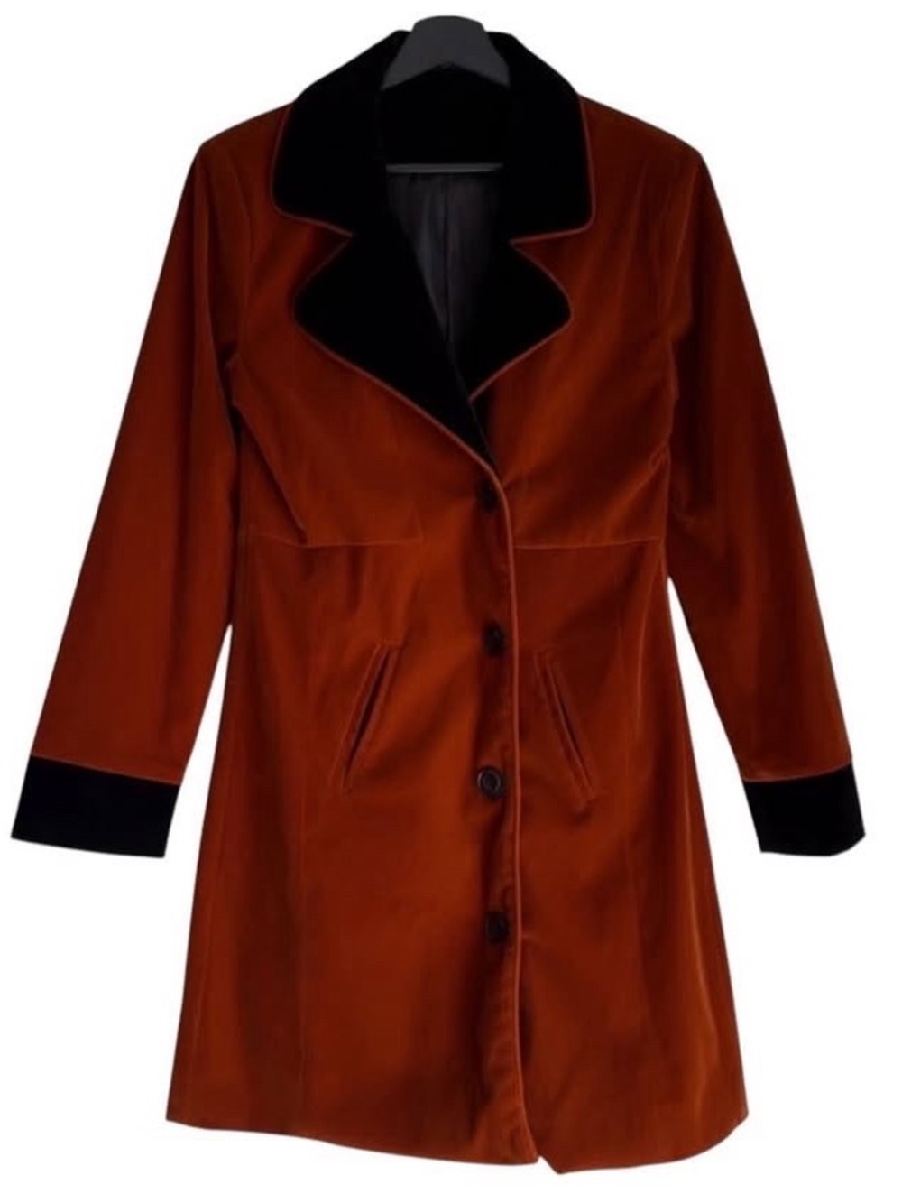 Vintage Orange Velvet Coat Trench Jacket Black Cuffs Lapel Collar Fall Autumn